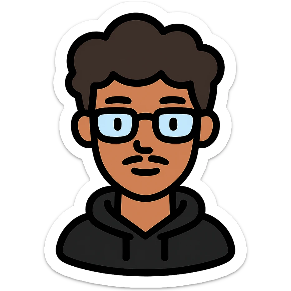 Malay teenager with fluffy hair, long face, light mustache, glasses, and a black hoodie icon sticker