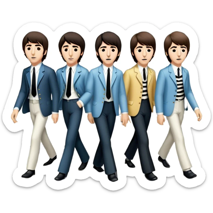 Cinematic Realistic The Beatles Abbey Road Scene Emoji, depicting the legendary band of four crossing the iconic zebra-striped street in their classic outfits, exuding effortless charisma and musical legacy. The scene is bathed in warm, nostalgic lighting with rich textures that capture the essence of 1960s rock history. sticker