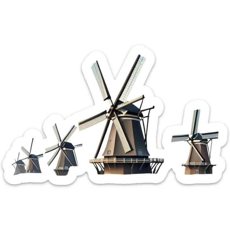Cinematic Realistic Kinderdijk Windmills Landmark Emoji, depicted as a row of classic Dutch windmills set against a serene sky rendered with detailed textures and soft natural lighting. sticker