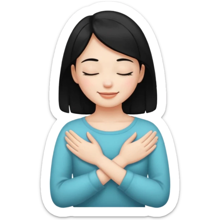 smiling girl with black hair with closed eyes with hands crossed holding neck sticker
