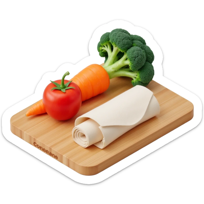 carrot tomato brocoli on the wooden cutting board with floating rolled paper list sticker