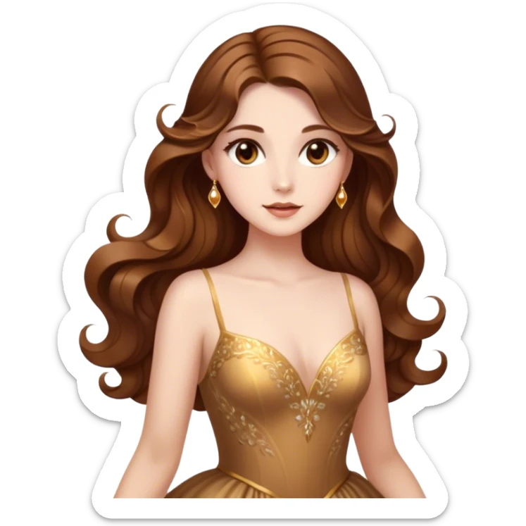 Cinematic Stunning Belle Portrait Emoji, Deep brown eyes full of curiosity, long chestnut hair flowing in soft waves, wearing her golden ballroom gown, glowing with warmth and elegance, a princess whose beauty is as radiant as her mind! sticker