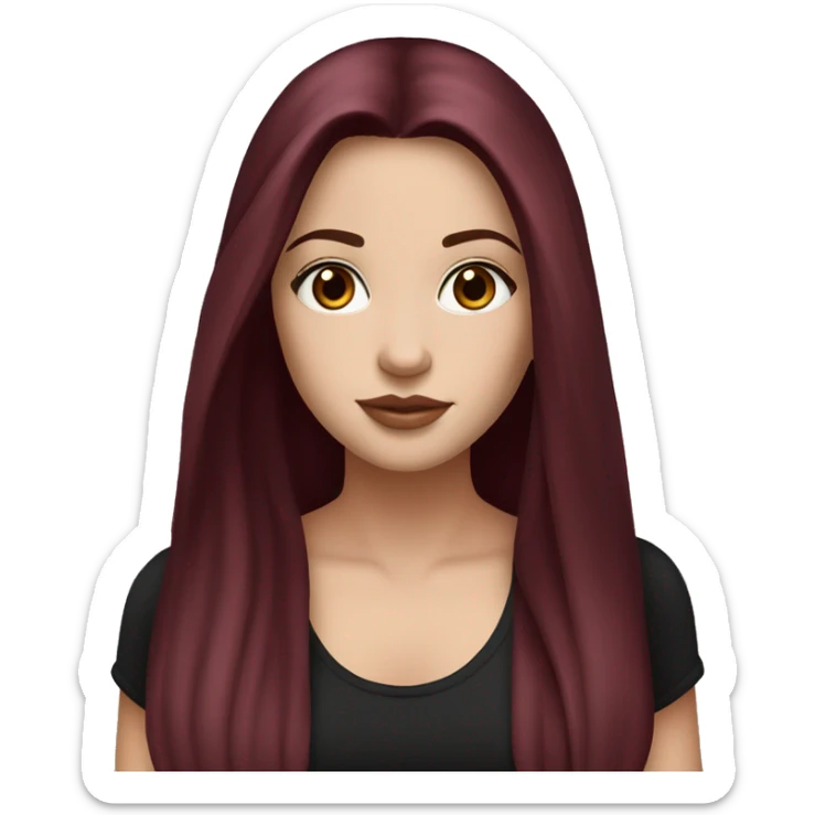 white girl, long straight middle part burgundy hair, brown eyes, long eyelashes, full lips, black tank top sticker