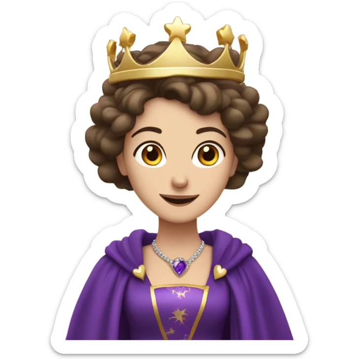 Caucasian long  brunette woman wearing formal royal purple robes and a crown. A burst of hearts are coming from her head. sticker