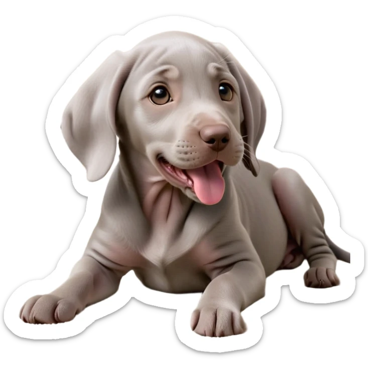 cinematic-cute-yawning-weimaraner puppy-portrait-emoji,-head-tilted-slightly-with-a-dramatic,-wide-open-yawn,-revealing-a-sleek grey fur-with-a-subtle-shimmer,-floppy-ears-slightly-drooping,-round-brown-eyes-barely-open-in-drowsy sticker