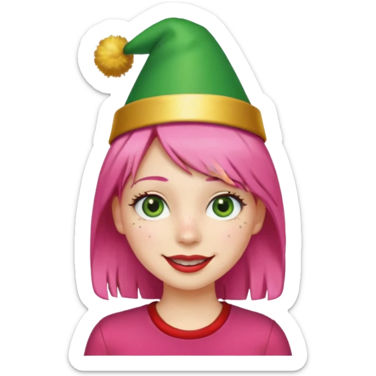 Create a girl with pink hair and green eyes with long eyelashes and a smiley face. She has freckles in her face and a lit of bit of lipstick on her mouth, she’s also got gold birthday hat on her head with gold pom poms on top of it, and her T-shirt is red sticker