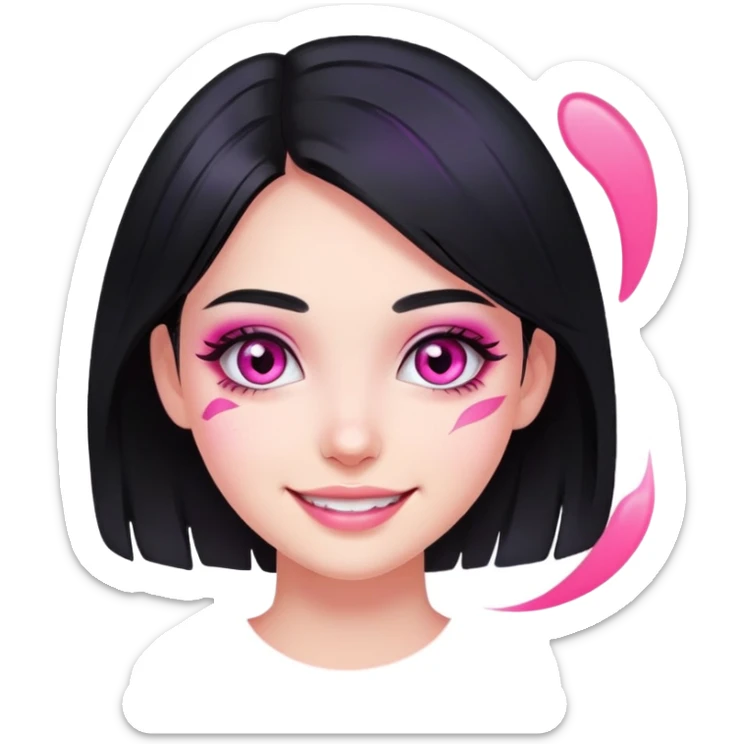 smiling girl with black hair and pink eye makeup smudged, no glitter sticker