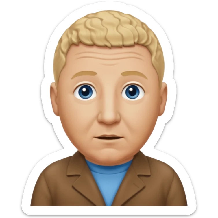 Curly Howard from the Three Stooges with blue eyes, blonde hair, brown outfit sticker