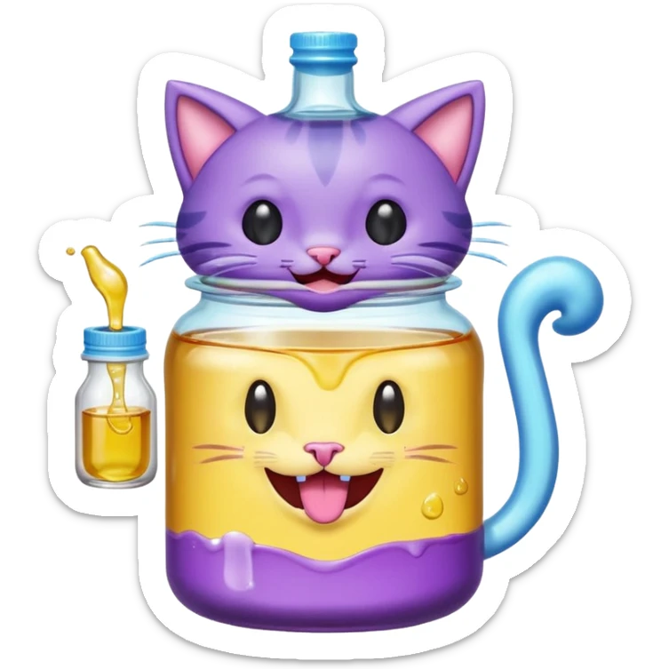 Smiling bottle of oil light purple top and light blue sticking tongue out and with cat ears sticker