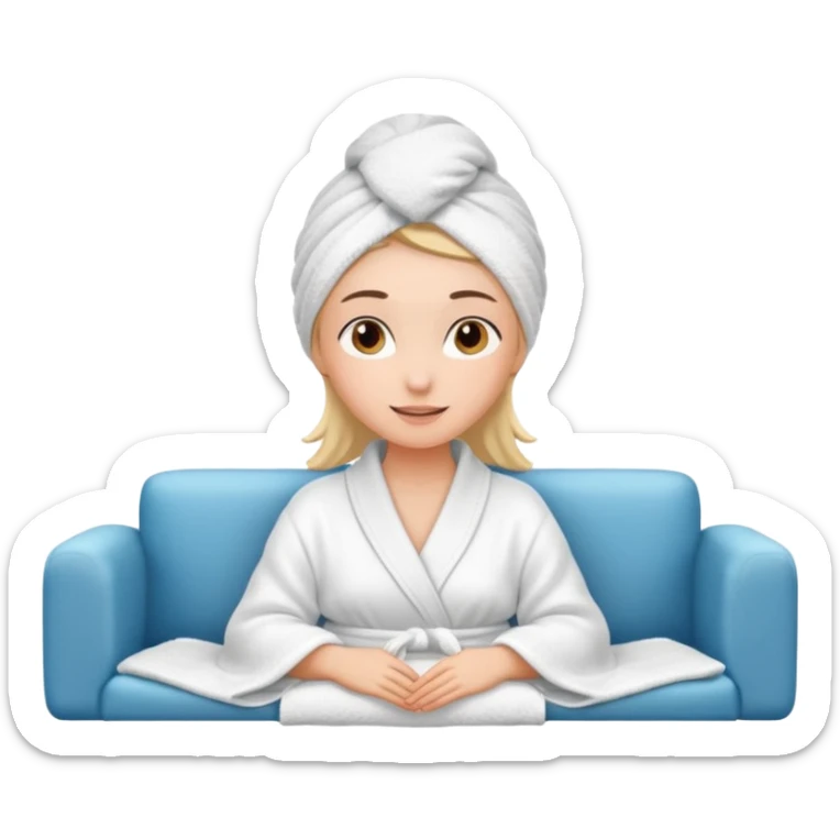 spa A contented and relaxed girl with a towel on her head in a white robe lies on a couch. The icon displays the couch and the girl in full three-quarter view. sticker