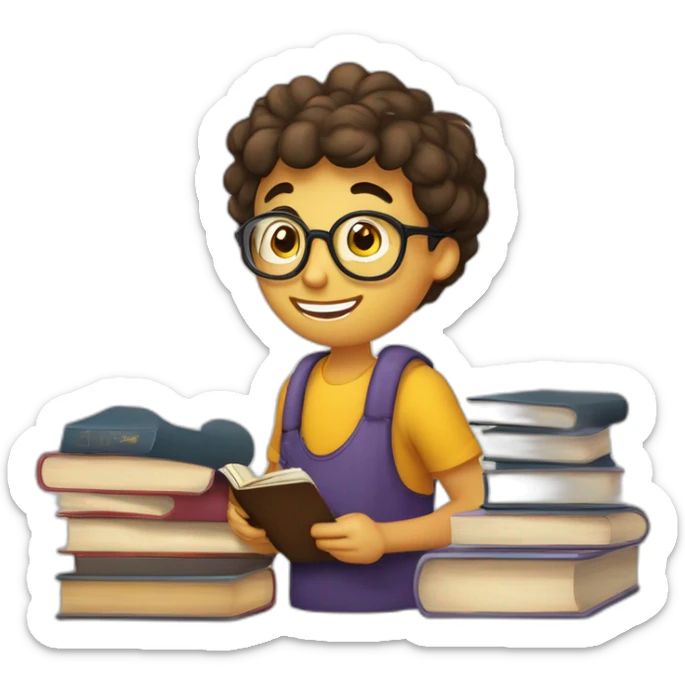 joven estudiante con  con un libro en sus manos y en su cabeza, junto a muchos libros y una lampara y un libro en su cabeza, con muchos y muchos  libros sticker