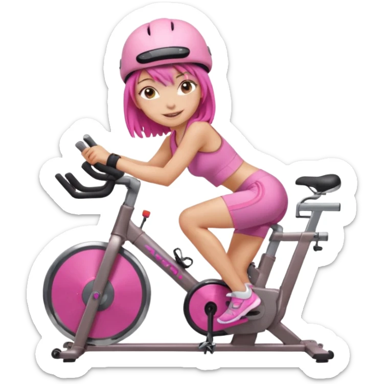 Light tan girl with a brown bob hat style with pink highlights in a pink workout set leaning on a indoor cycle bike, no helmet but add pink hair highlights  sticker