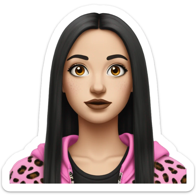 Hyperrealistic white girl with long black hair with a pink fringe and has eye makeup on, she is wearing a black and leopard print hoodie  sticker