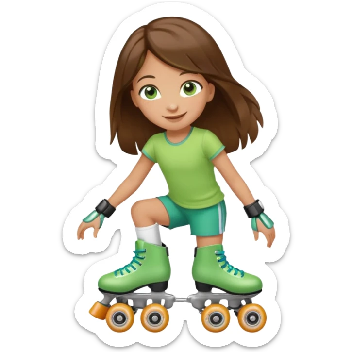 an 8 year old girl with green eyes and long brown hair. smiling. skating on quad style roller skates with white boot. sticker