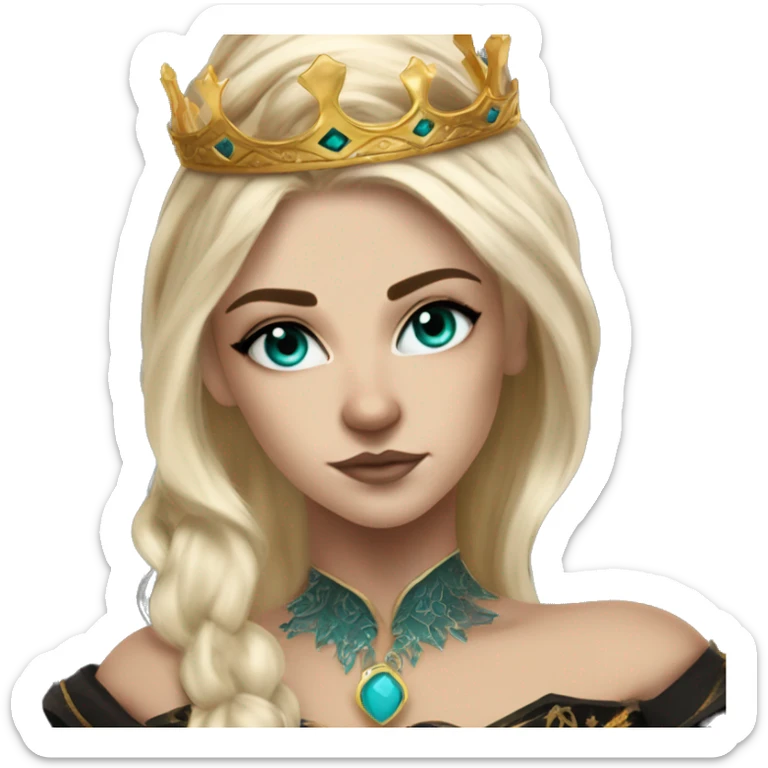 Aelin has white or golden blonde hair, turquoise eyes with a gold ring around the pupil, and tattoos and scars. Wearing a black and gold gown with a crown made of fire sticker
