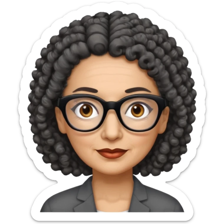 femme 60 ans cheveux gris foncé très bouclé attaché et yeux marrons foncé,  lunettes rectangle noir sticker