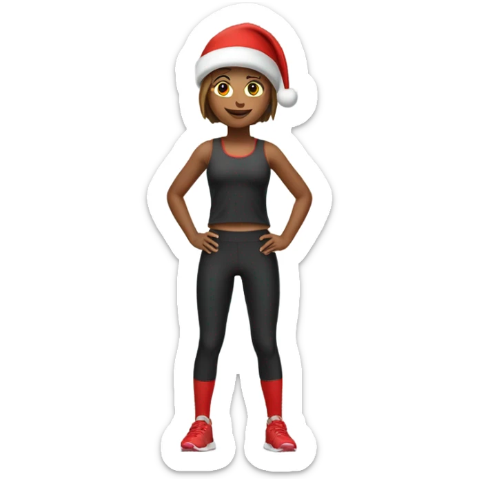 Emoji of full-body sporty girl в top and leggings wearing a red Christmas hat. sticker