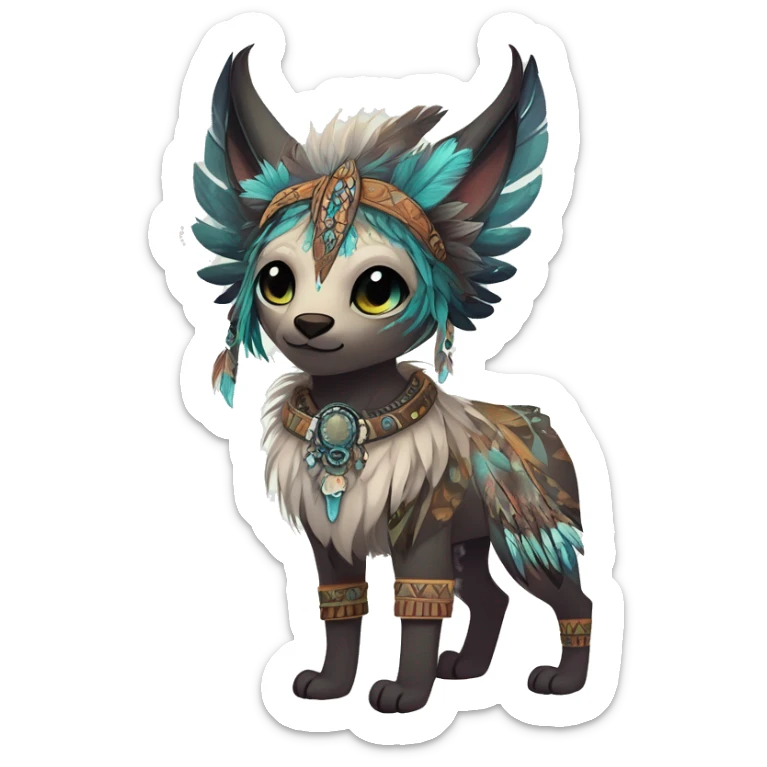 cute Kawaii edgy ethereal shy epic tribal fantasy animal fursona Fionbri creature by griffsnuff & LiLaiRa & Falvie with exotic colors with intricate patterns and feathers and headdress and necklace full body sticker