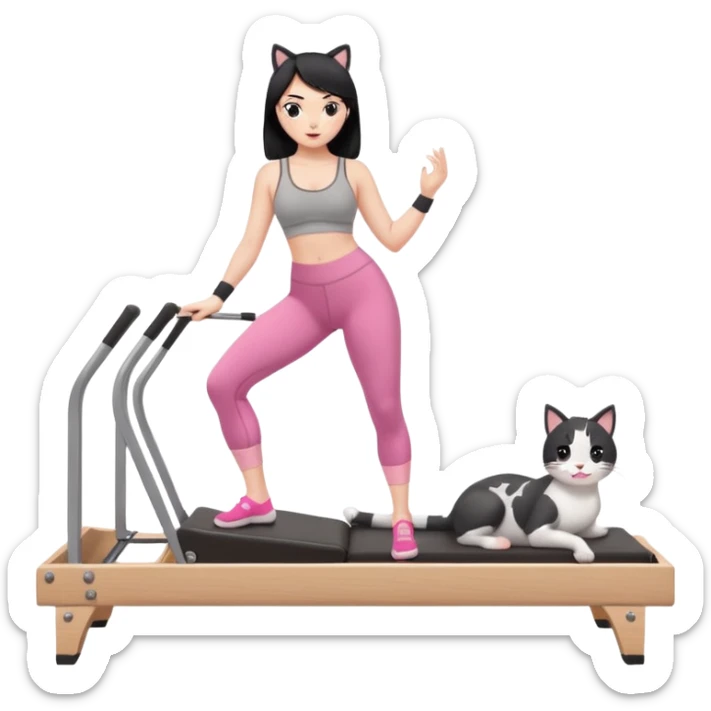 Create a Pilates emoji: a girl with fair skin and black hair, wearing a grey bra and grey leggings with pink pilates socks, doing cat-cow on a wooden reformer. Make it look at the reformer. Make the colors neutrals. sticker