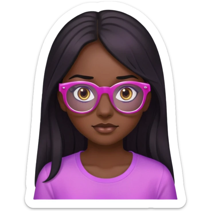 Dark skin , girl , long black hair , pink see through glasses , brown eyes , purple shirt sticker