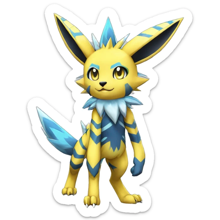 Anthro Edgy Cool Zeraora-Jolteon-Pokémon-Fakémon with shiny blue stripes Full Body Detailed High Quality sticker