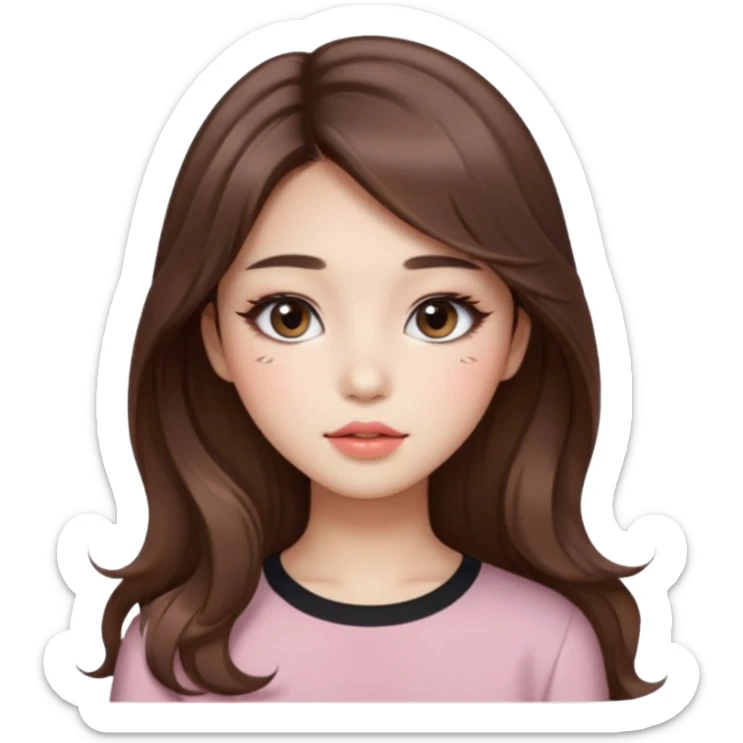 “korean straight brown hair Emoji girl, soft eyeliner and blush, gradient lips, light brown shimmer eyeshadow, long wavy hair,  sticker