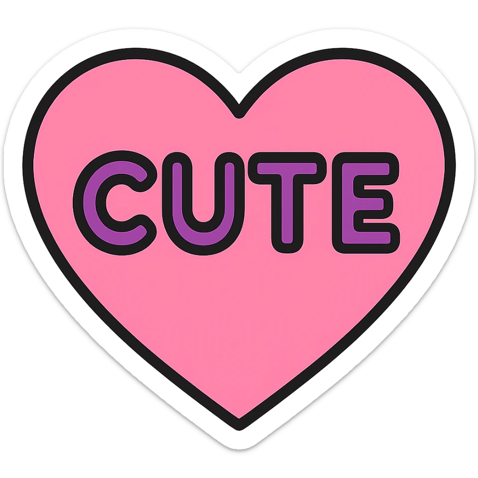 Change the word CUTE to purple, keep the pink heart and color outline icon style, with no background. sticker