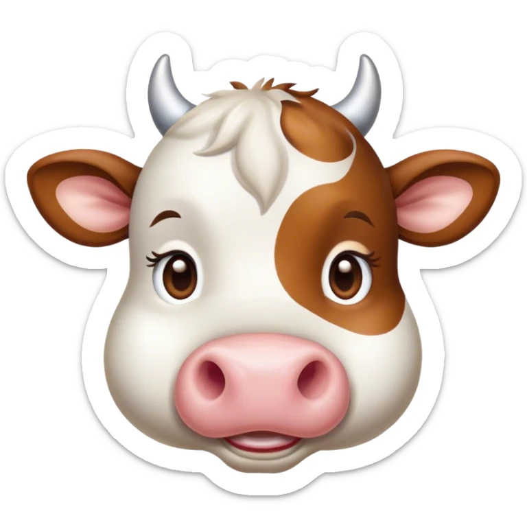 Cinematic Cute Brown and White Cow Portrait Emoji, Head tilted playfully and inquisitively, featuring a glossy, richly patterned hide of brown with striking white patches, round, sparkling brown eyes filled with gentle curiosity, Simplified yet irresistibly adorable features, highly detailed, glowing with a warm, friendly glow, high shine, affectionate and serene, stylized with a touch of country charm, bright and endearing, soft glowing outline, capturing the essence of a mischievous yet loving cow, so playful it feels like it could moo out of the screen and into your arms! sticker