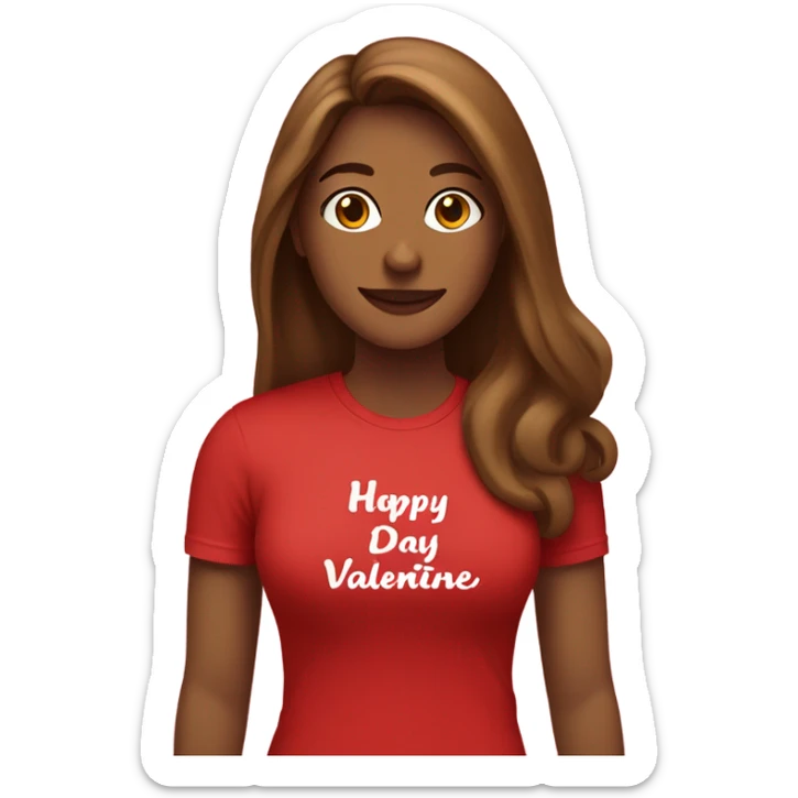 Light brown woman with long brown  hair with a red happy Valentine’s Day t-shirt sticker