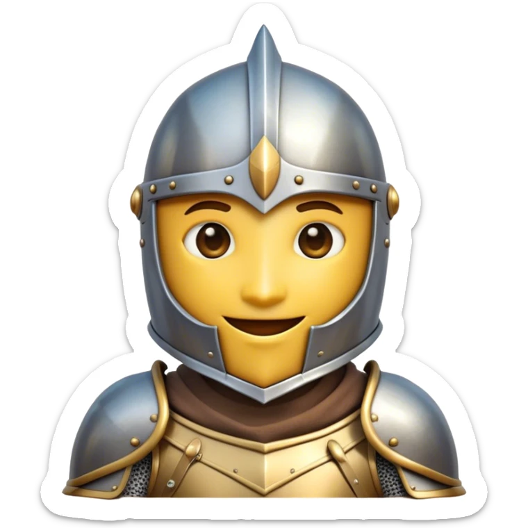 Clash of Clans aesthetic Playful Knight Portrait Emoji, Head tilted with a subtle, cheeky smile peeking from beneath an open helm, showcasing a compact, stylized armored build with bright, expressive eyes in natural skin tone, Simplified yet irresistibly charming features, highly detailed, glowing with a warm, inviting metallic glow, high shine, spirited and approachable, stylized with an air of whimsical chivalry, soft glowing outline, capturing the essence of a playful knight exuding friendly valor! sticker