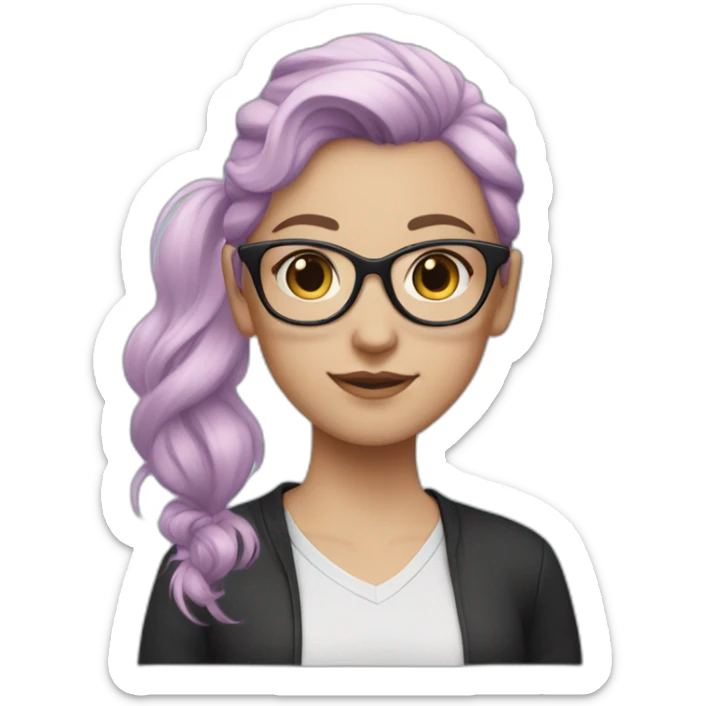 White girl with light purple hair with Ponytail and pastel pink and pastel blueglasses with a black shirt sticker