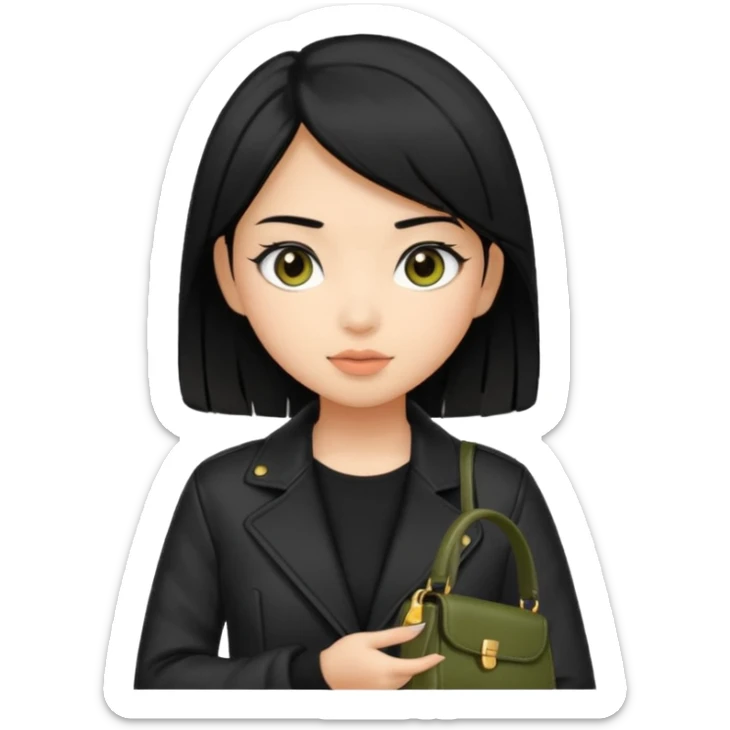 A girl with a pony tail black hair and olive skin, Asian eyes, with a black jacket and a black purse  sticker