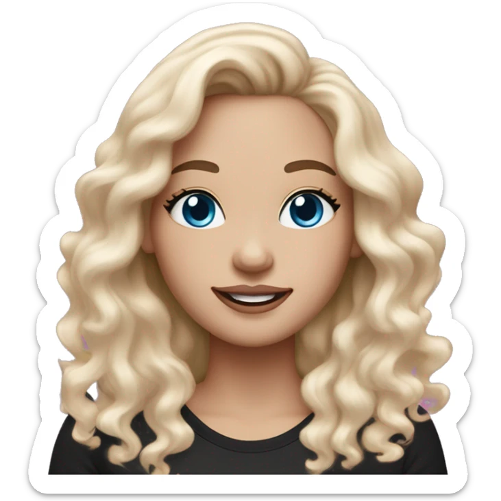 An adult white-skinned woman, with makeup, smiling, face with pink and purple glitter, blue eyes, long wavy ombre hair from brown to blonde, ring earrings, black T-shirt. sticker
