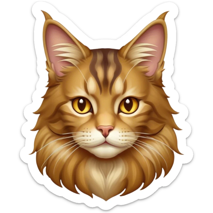 Cinematic Maine Coon Cat Portrait Emoji, Elegant and alert, sleek brown, gold, and cream tones, Simplified yet sharp features, highly detailed, glowing with a warm, confident glow, high shine, intelligent and poised, stylized with an air of grace, focused and attentive, soft glowing outline, capturing the essence of strength and grace, so lifelike it feels as though it could spring into motion with its majestic tail swishing at any moment! sticker