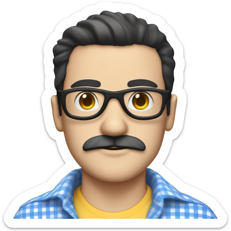 White man with straight black hair and mustache, wearing a blue and white gingham shirt and black goggles sticker