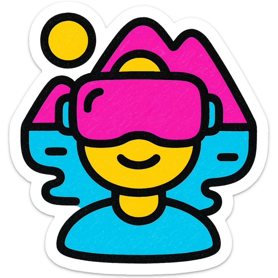 A modern, minimalistic icon of a virtual reality scene in flat design style, using bright and harmonious colors, suitable for mobile and web applications. sticker