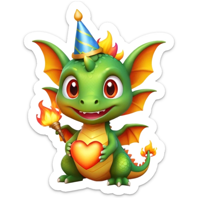 A baby dragon emoji, with big sparkling eyes and tiny wings, wearing a colorful birthday hat, smiling mischievously, blowing fire in the shape of a heart, stylized 3D cartoon, high detail, Pixar-style sticker