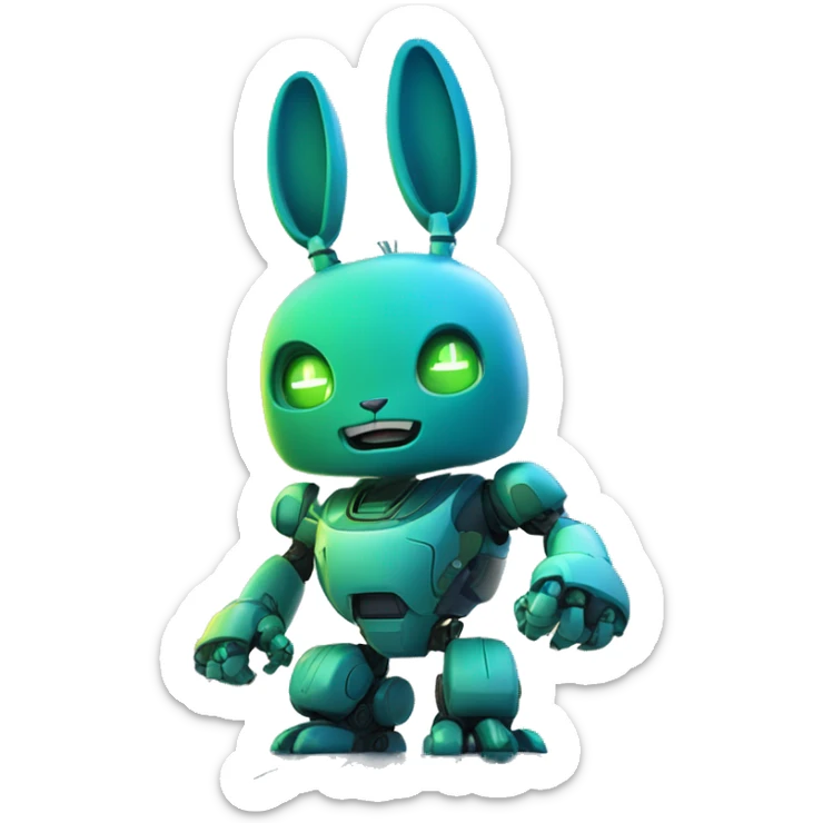  blue and green robot rabbit in a futuristic cityscape, with its fist raised against a backdrop of skyscrapers. sticker