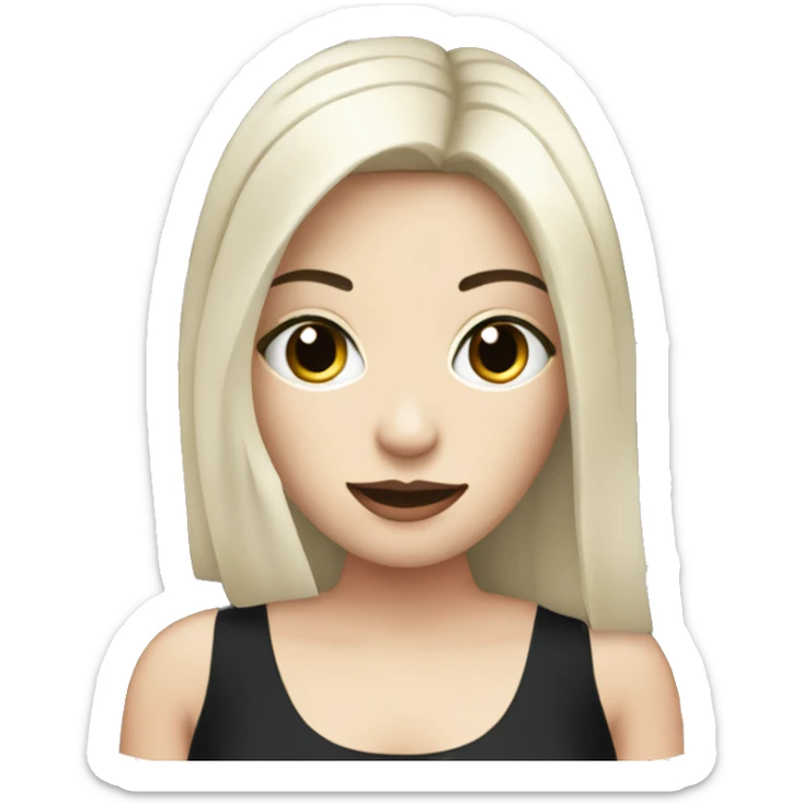 woman with black hair and pale skin wearing black dress and holding computer sticker