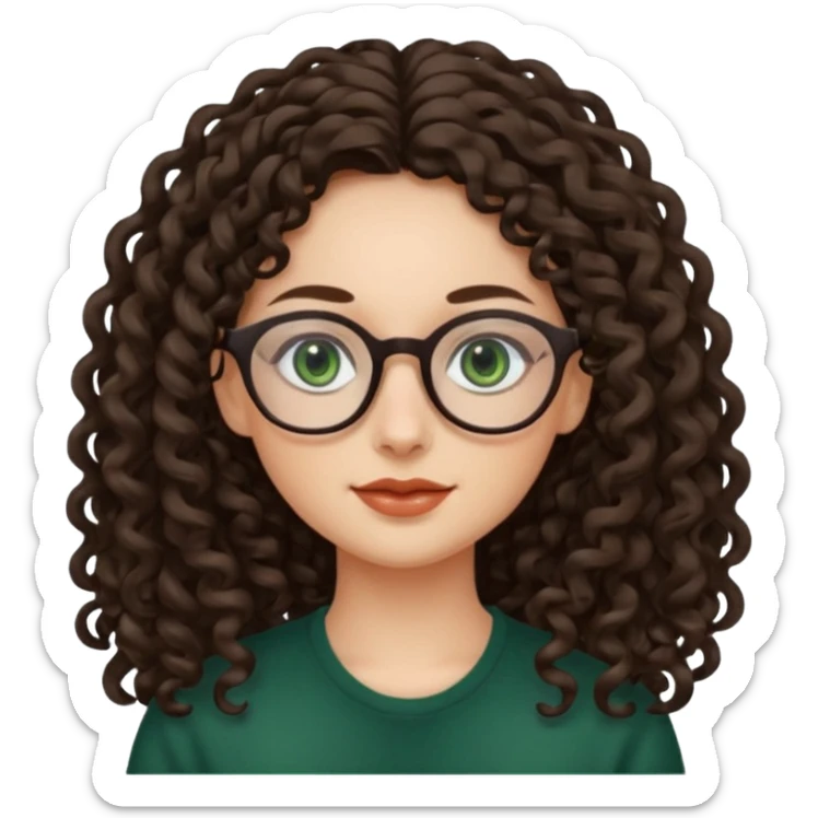 rapariga, olhos verdes escuros, rosto oval, cabelos muito compridos aos caracóis, com óculos sticker