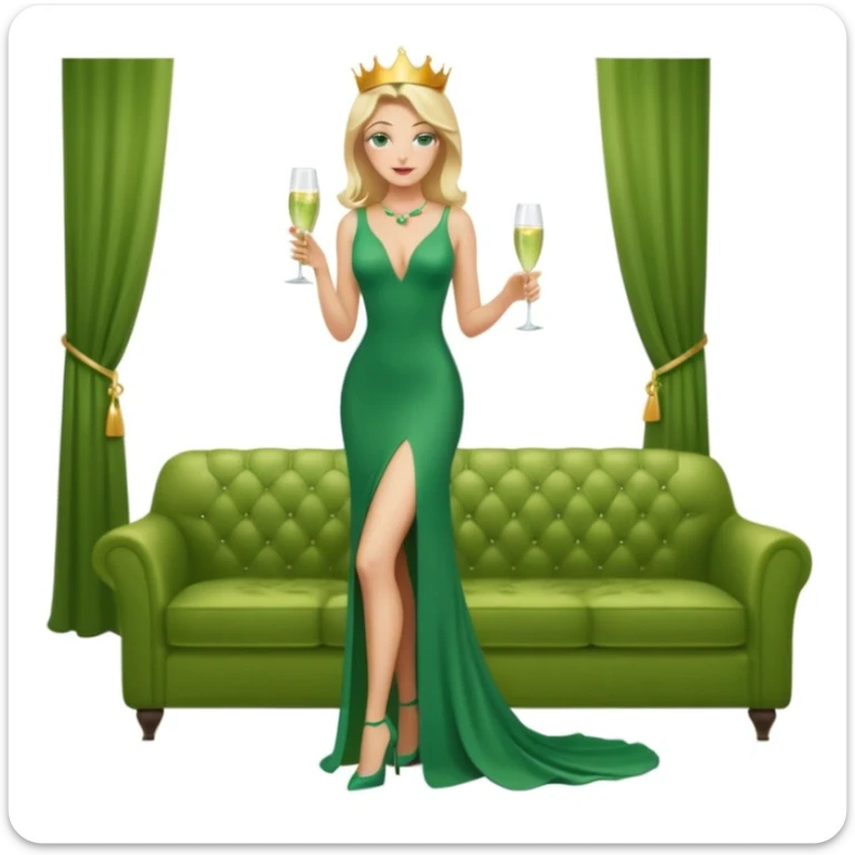Queen, crown, blonde hair, green eyes, long green tight dress, decoltee,  Leg slit, whole Body, Background living room  sticker