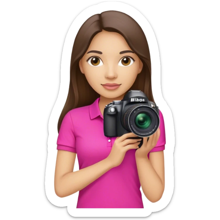 white latin woman with long brunette hair hot pink polo shirt and nikon camera sticker