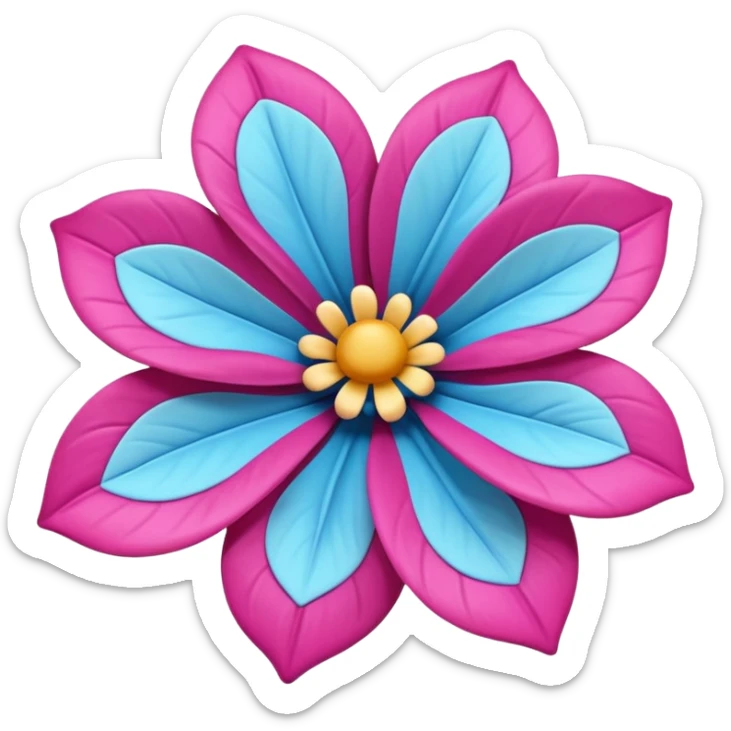 3D glossy flower emoji, vibrant magenta puffed-up petals, large soft-pink center, two pale-blue leaves, claymorphic style, high resolution, white background." sticker