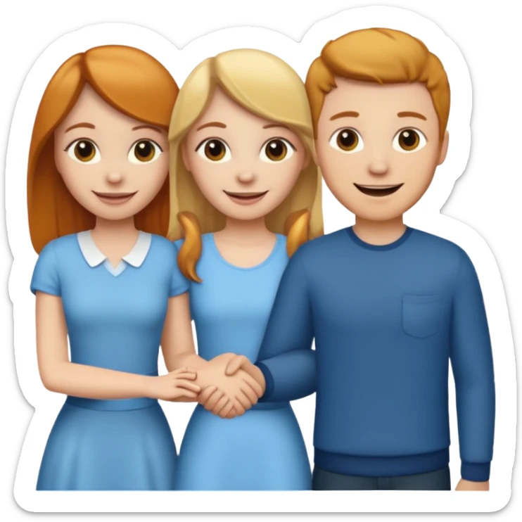 3 emojis holding hands, ginger white girl on the left, brunette white man in the middle, blonde white girl on the right sticker