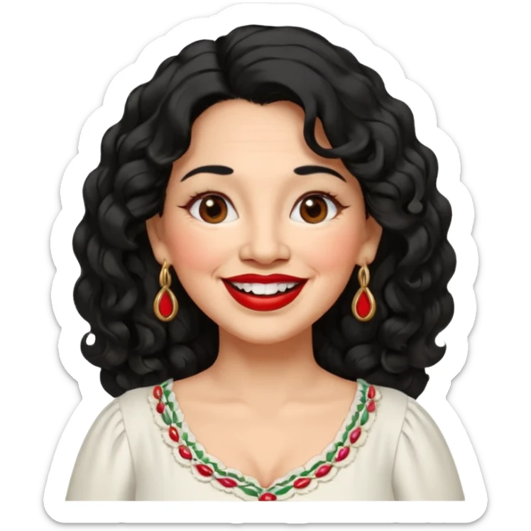 60 yr old Mexican woman, slightly chubby, wavy/curly long black hair, red lipstick, big smile, white teeth, brown eyes, hoop earings, side part to hair, round face, pretty white dress, hair side swept, big hoop earing sticker