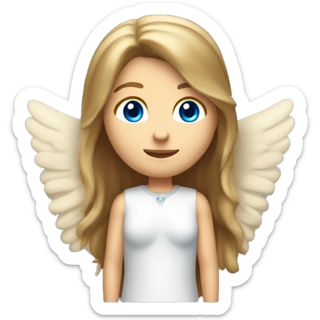 Caucasian brunette angel with long straight hair, dimples, big blue eyes, golden hoop halo over head and wings on back sticker