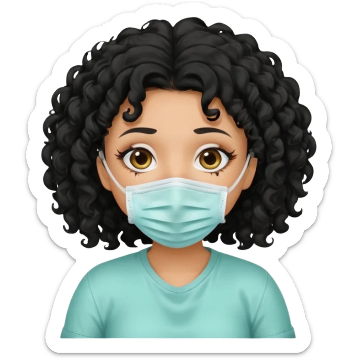 a pretty tan bratz girl with black curly hair. no makeup, looking sick, wearing a mask, coughing. sunken face sticker