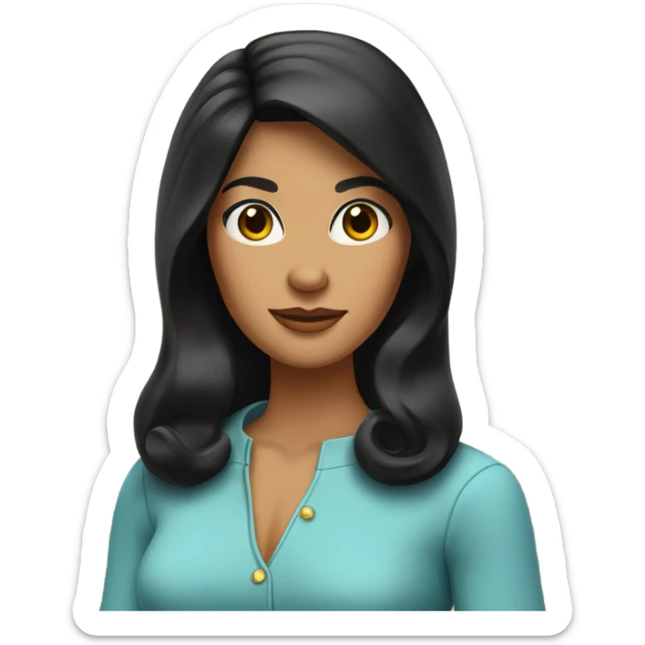 Tanned woman with long black hair wearing 1960s style outfit and hair sticker
