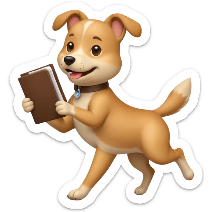 lively emoji dog running, holding a resume in its mouth, tail up, minimal details sticker