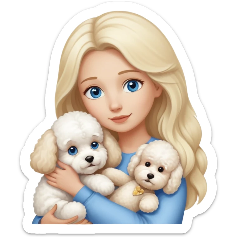 Blonde blue-eyed long-haired mother hugs two dogs-a Bichon Frise and a Teddy sticker
